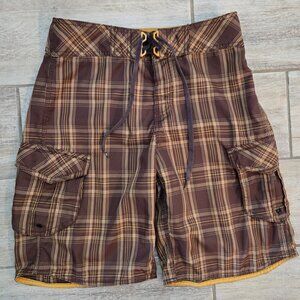 Billabong Scottish Plaid Long Cargo Board Shorts Lace Fly Metallic Logo Surf 30